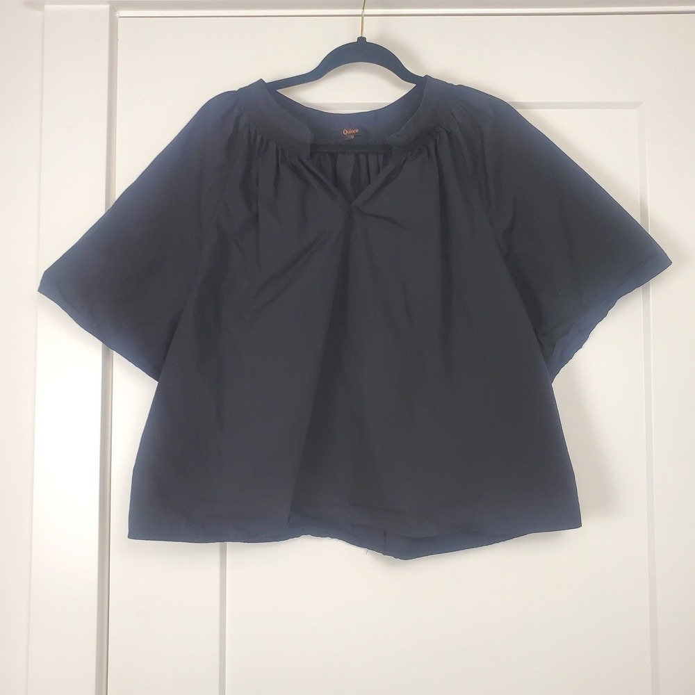 Quince Blouse Womens XL Black 100% Organic Cotton Smocked V-Neck Short Sleeve